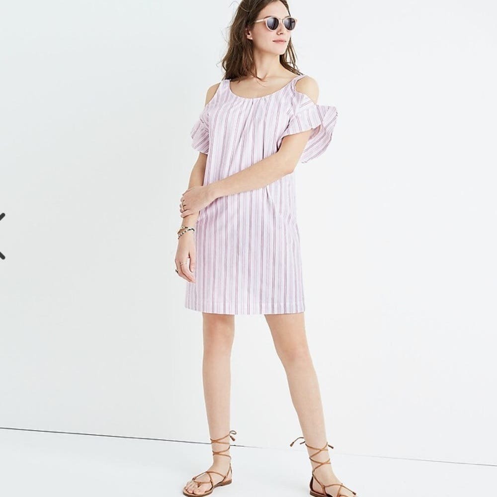Madewell Striped Pink White Cold Shoulder Lined Cotton Mini Shift Dress Sz Small